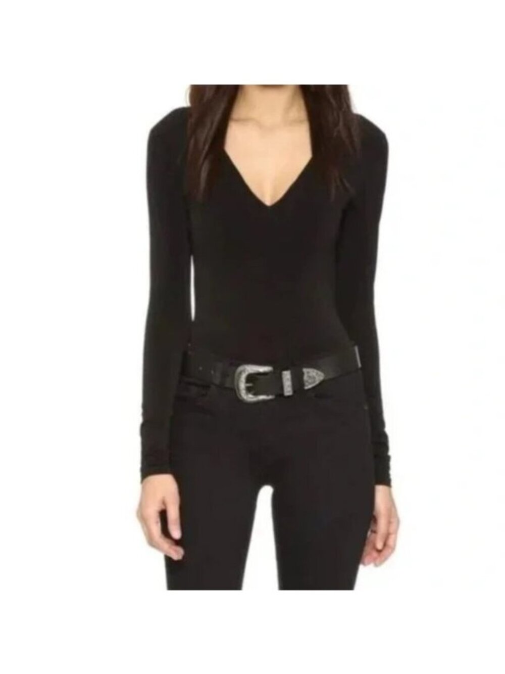 Alice and Olivia Classics Deep V-Neck Long Sleeve Bodysuit L Black Stretchy Top